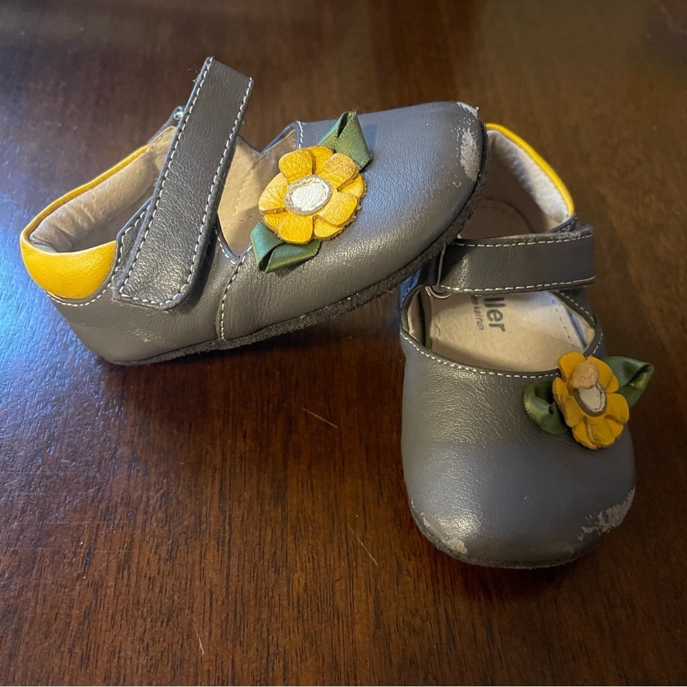 Gray Baby Shoes with Yellow Flower Accent